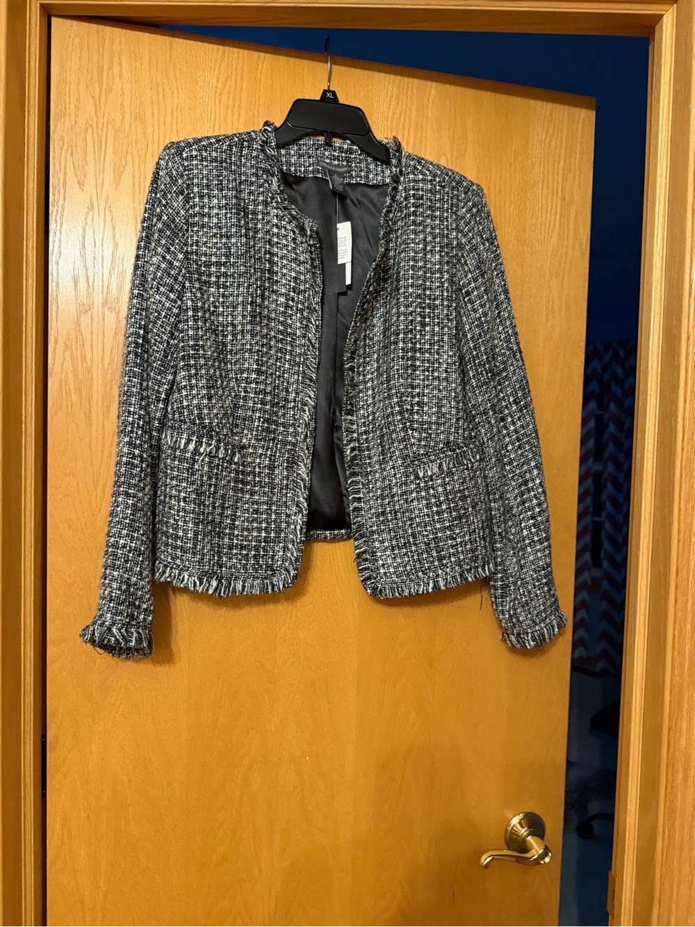 Chelsea & Theodore Black and White Tweed Fringe-Trim Blazer